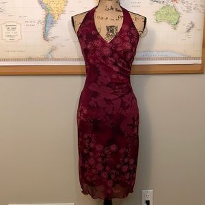Burgundy Floral Midi Halter Dress